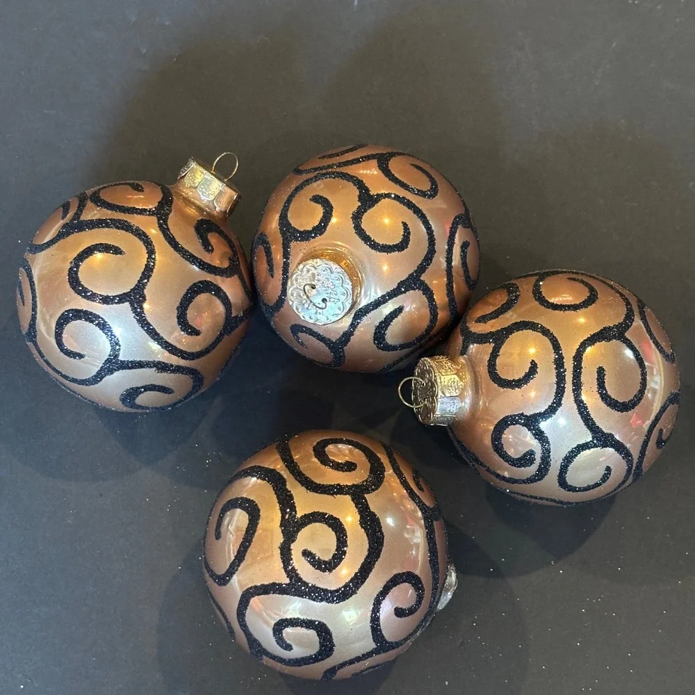 Rauch Gold Black Glitter Swirl Glass Christmas Ornaments Set of 4